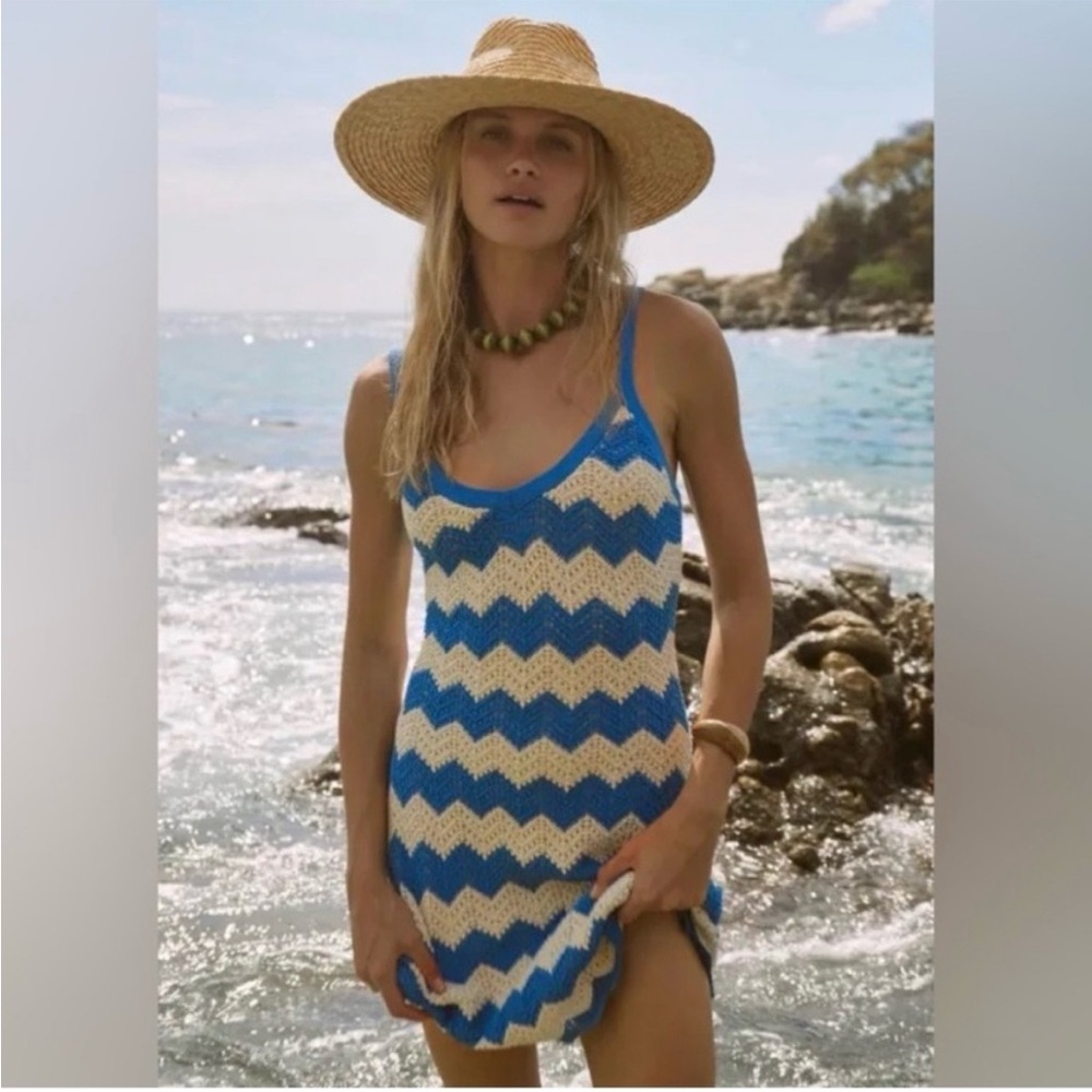 Z Supply Blue and Cream Knit Crochet Mini Dress, size L